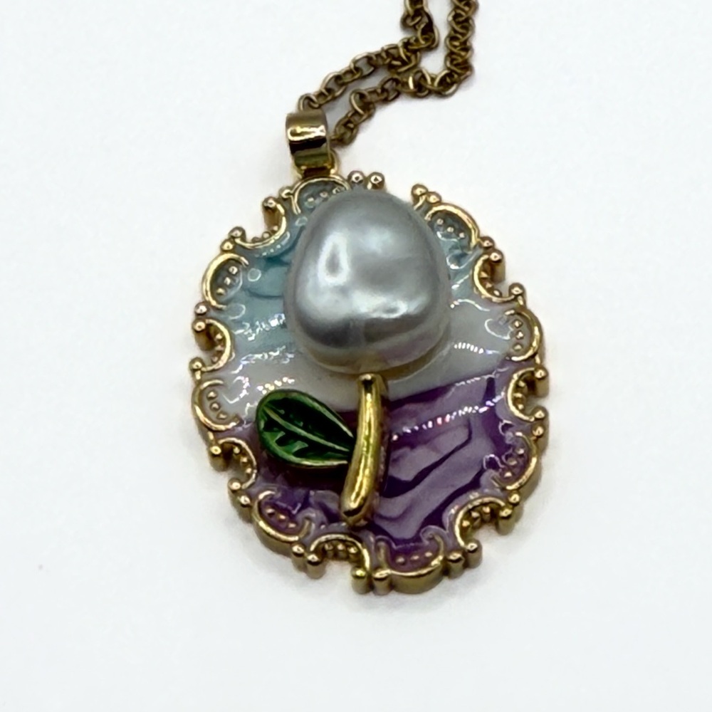 Floral and Pearl Enamel Charm Pendant Necklace - Picture 5 of 8